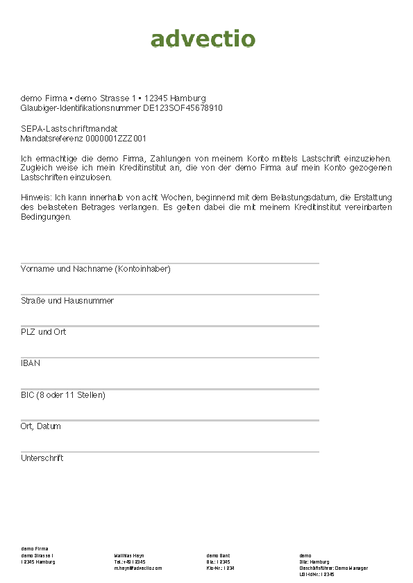 Standardformular aus dem Modul adSEPALastschrift